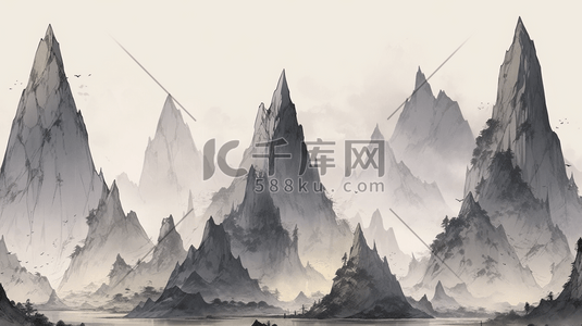 黑白色手绘山脉风光风景的插画4