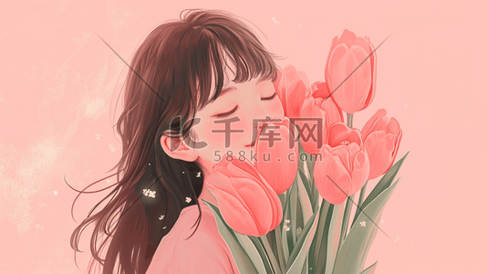 手绘卡通气质唯美女孩抱着花束的插画13