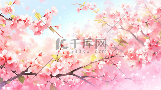 桃花枝桃花插画图片_简约唯美公园里桃树枝开满桃花的插画8