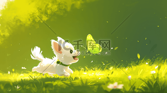 小狗插画图片_绿色草坪上小狗开心追蝴蝶的插画2
