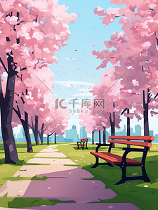 长椅椅子插画图片_盛开樱花树下的长椅原创插画
