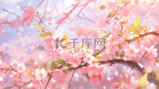 桃花枝桃花插画图片_简约唯美公园里桃树枝开满桃花的插画3