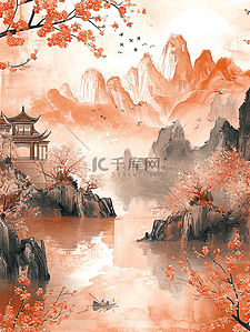 山水河流风光插画图片_彩色手绘水彩山水风景风光的插画9
