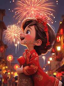 过年氛围插画图片_红色中国春节女孩看放烟花的插画4