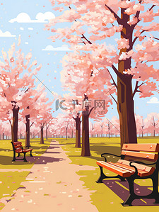 盛开樱花树下的长椅插画设计