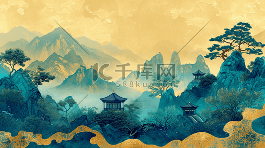 中式山水平铺设计装饰纹理质感插画17
