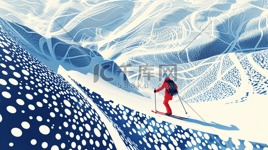 圆点插画图片_冬季大雪雪景穿红色衣服滑雪的插画14