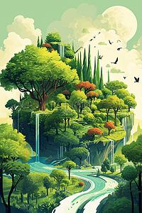 春天绿树风景手绘插画海报
