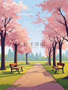 长椅椅子插画图片_盛开樱花树下的长椅素材