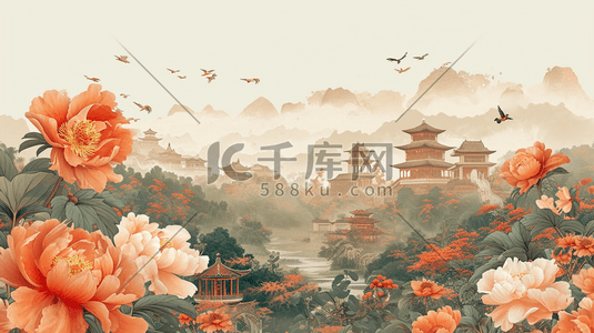 中式花纹平铺插画图片_中式国画平铺装饰花纹纹理质感插画19