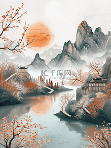 彩色手绘水彩山水风景风光的插画23