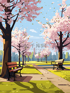长椅椅子插画图片_盛开樱花树下的长椅原创插画