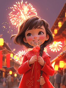 过年氛围插画图片_红色中国春节女孩看放烟花的插画1