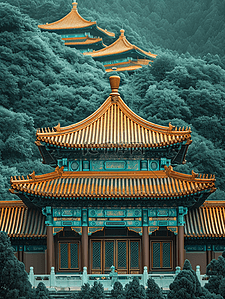 中国国风古建筑庭院大气的插画14