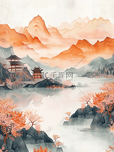 山水河流风光插画图片_彩色手绘水彩山水风景风光的插画15