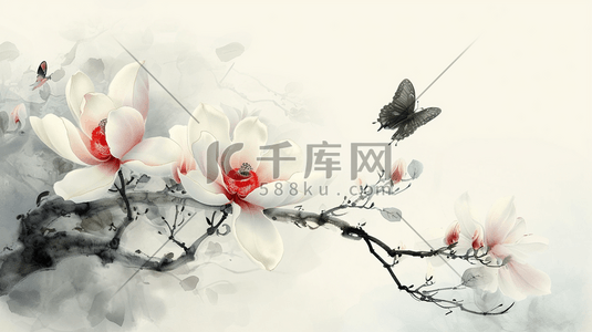 水彩国画树枝只头上花朵开放有蝴蝶的插画4