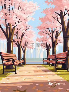 长椅椅子插画图片_盛开樱花树下的长椅插图