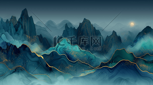 流线型箭头插画图片_中式金色装饰平铺流线山脉壁布插画15