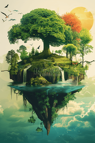 风景春天绿树手绘插画海报