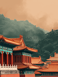 高端建筑大气插画图片_中国国风古建筑庭院大气的插画1