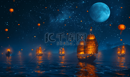中秋船船插画图片_中秋满月船舶在海上
