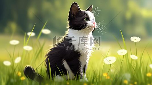 春天的草地上可爱的猫咪插画图片