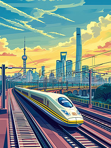 高铁列车正在高速行驶插画设计