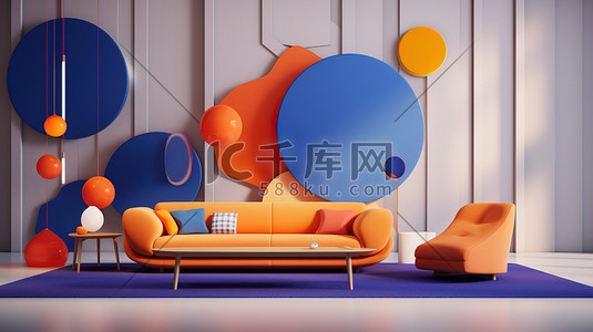 电商家居插画图片_彩色的客厅3D模型插图