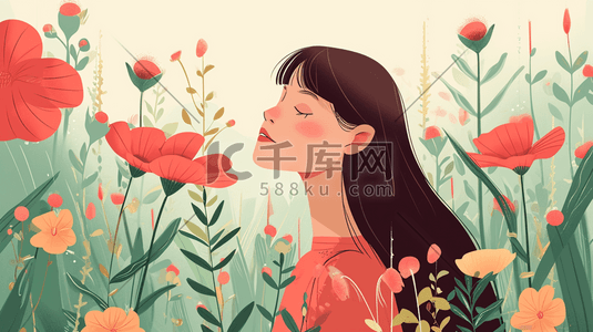 女孩子插画图片_卡通手绘女孩子花丛里享受花香阳光的插画5