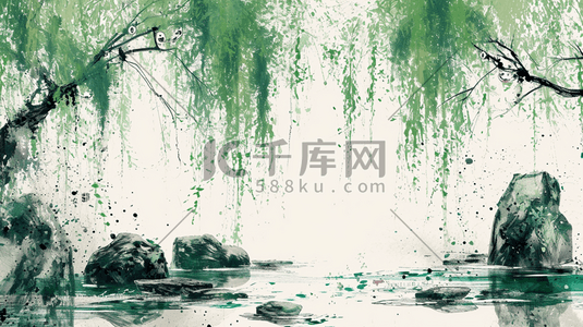 水彩风景绿色插画图片_水彩水墨绿色江南风景如画的插画10