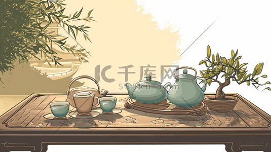 手绘盆景插画图片_手绘中式庭院茶桌上摆放茶壶的插画5
