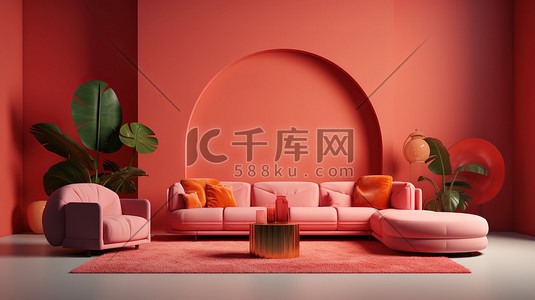 沙发设计背景插画图片_彩色的客厅3D模型插画设计