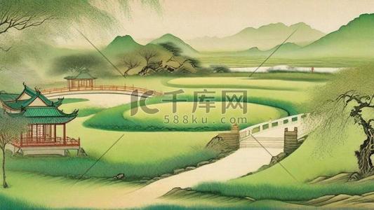 春季场景矢量插画图片_古风国风春天山水风景场景矢量插画