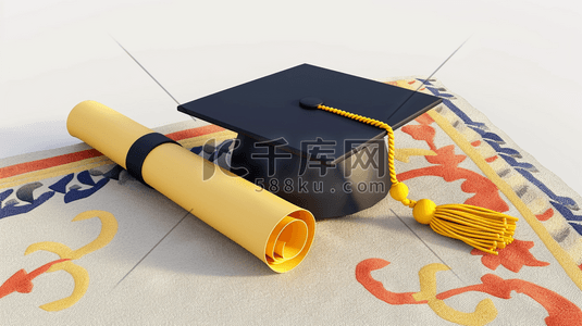 质感黄色背景插画图片_花纹背景上博士帽毕业证书的插画1