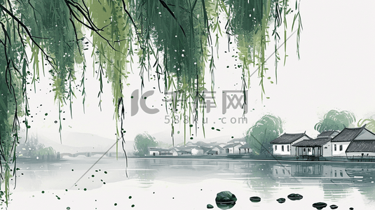 水彩水墨绿色江南风景如画的插画13