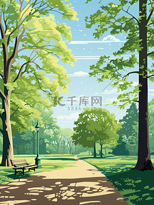 绿色树叶矢量插画图片_春风湖边发芽柳树矢量插画