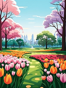 春天城市中央公园花朵矢量插画