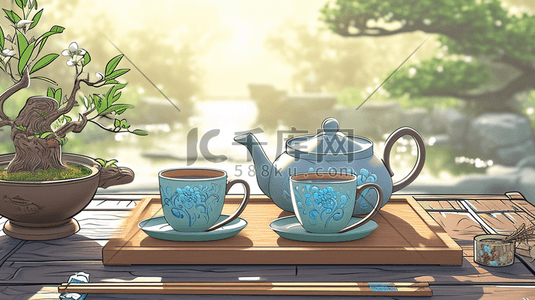 手绘中式庭院茶桌上摆放茶壶的插画9