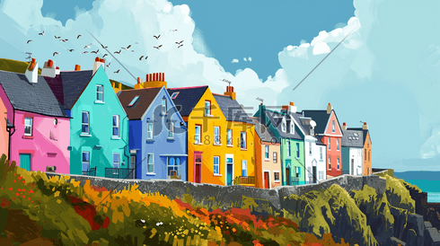海边卡通手绘五颜六色房子的插画28