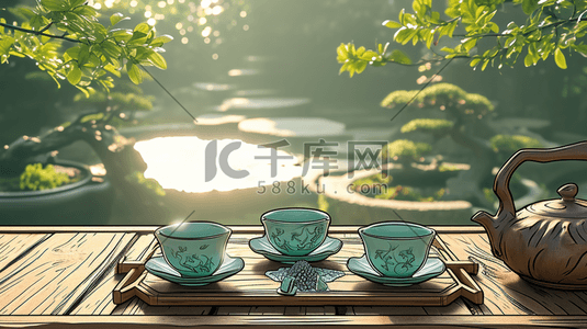 手绘中式庭院茶桌上摆放茶壶的插画12