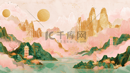 彩色平铺装饰设计山水风景风光插画7