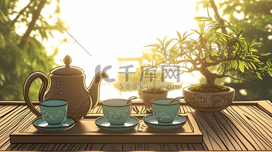 手绘中式庭院茶桌上摆放茶壶的插画89