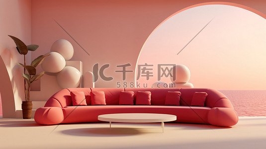 沙发背景背景插画图片_彩色的客厅3D模型原创插画