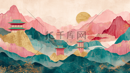 彩色平铺装饰设计山水风景风光插画3