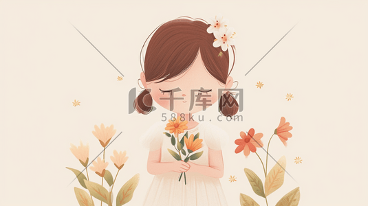 简约唯美小清新女孩手拿花束的插画16