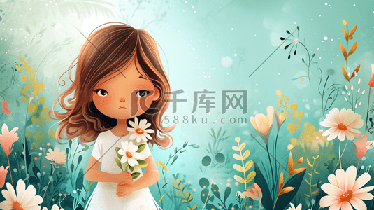 简约唯美小清新女孩手拿花束的插画1