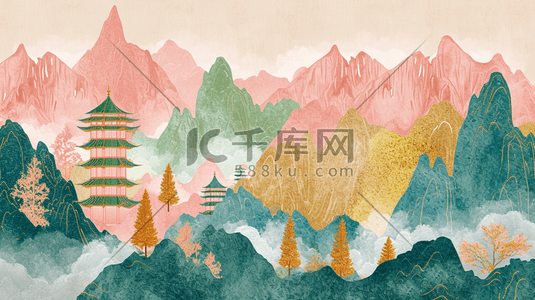 彩色平铺装饰设计山水风景风光插画5