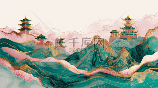 彩色平铺装饰设计山水风景风光插画2