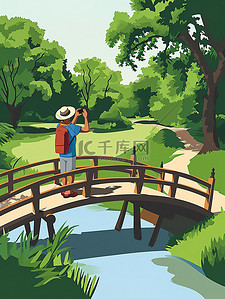 春天公园的桥上游客拍照原创插画