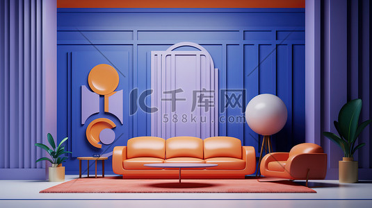 电商家居插画图片_彩色的客厅3D模型插画素材